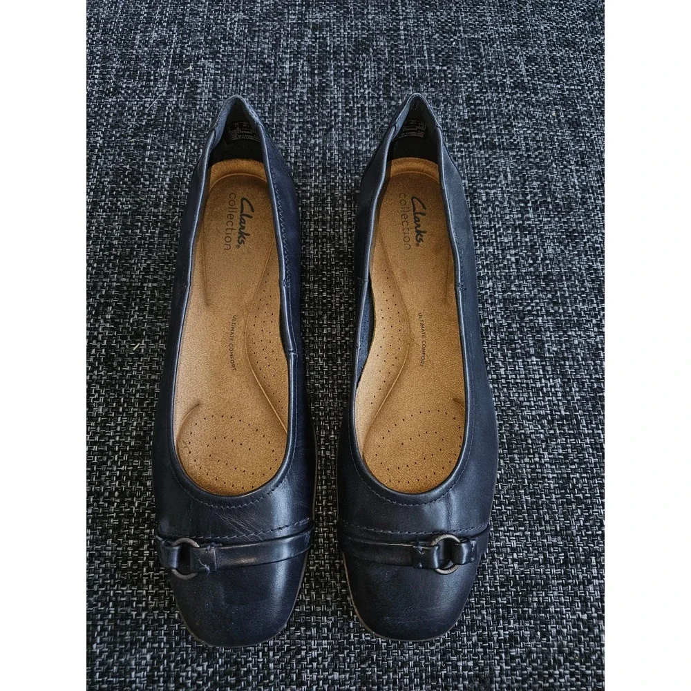 Clarks Ballet Flats Womens 11 Navy Blue Excellent Leather Square Toe Hardware